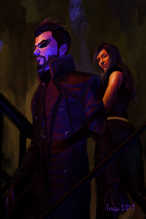 Adam Jensen descending stairs, embarrassed and annoyed, while a woman behind him looks at him and smirks.