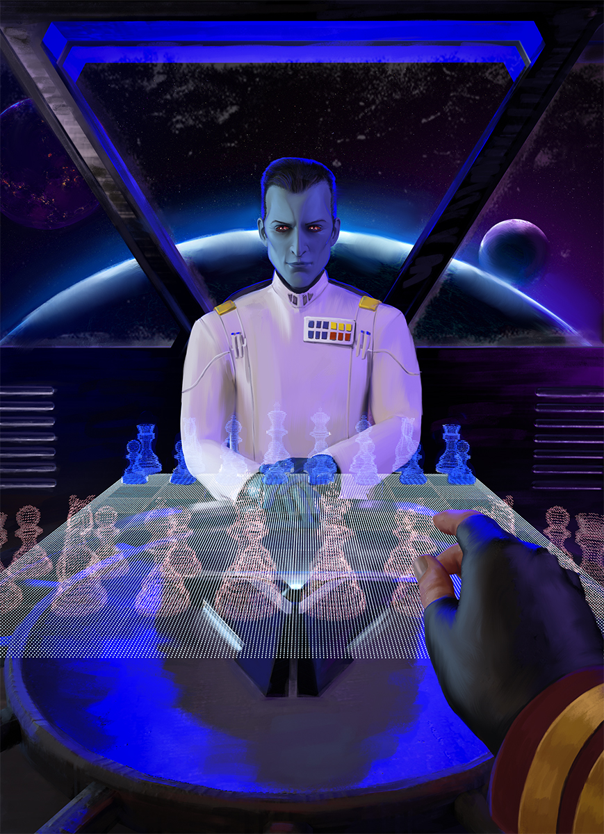 Thrawn and Jedao over a chess match--scene from Jedao's point of view; you can just see his hand reaching into the frame, ready to begin the game