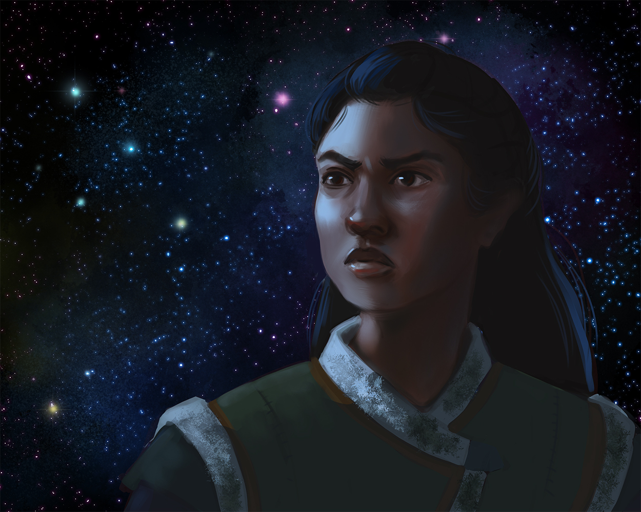 Digital portrait of Cinta Kaz, looking behind her, up at a starfield